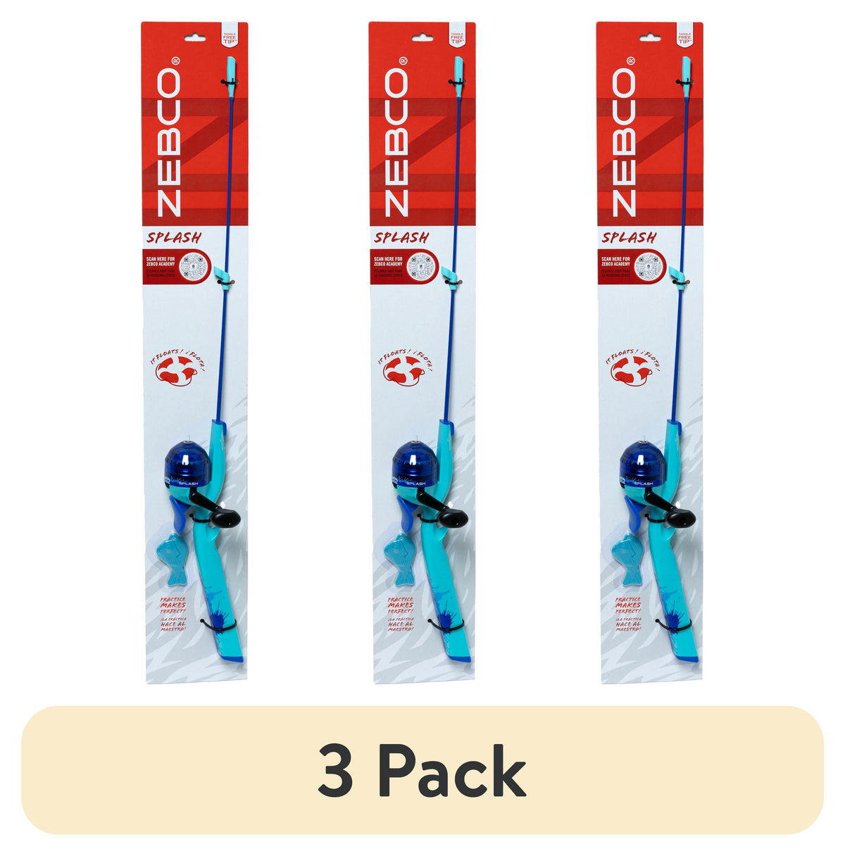 (3 pack) Zebco Kids Splash Floating Spincast Reel and Fishing Rod Combo, 29-Inch 1-Piece Fishing Pole, Size 20 Reel, Right-Hand Retrieve, Blue