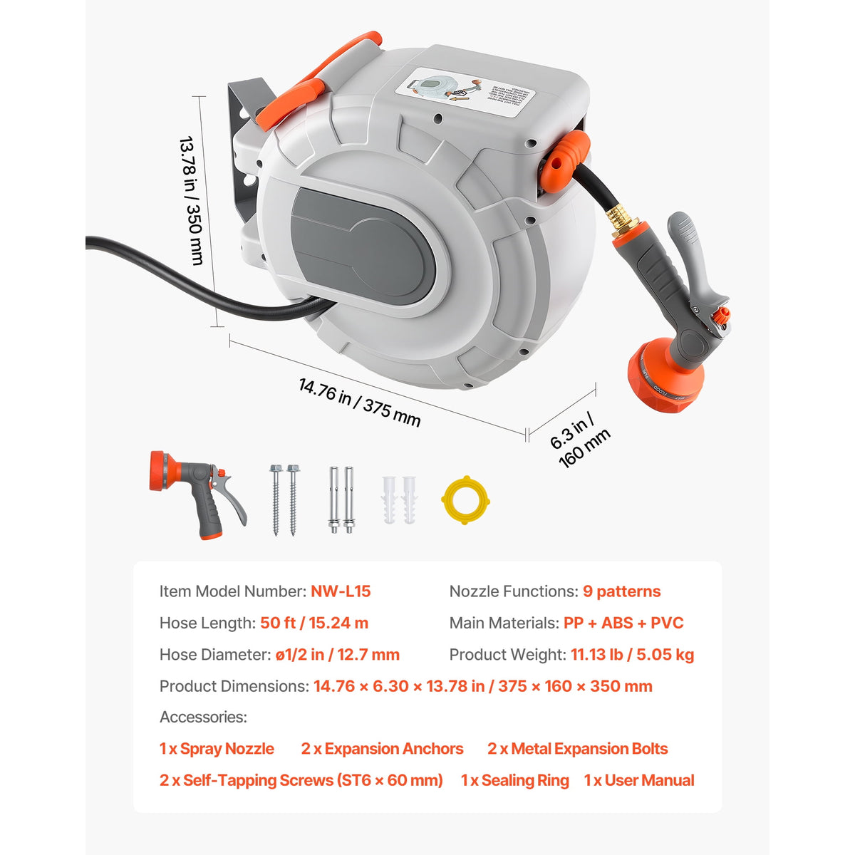 KFFKFF Retractable Garden Hose Reel, 1/2 in x 50 ft, Wall-Mounted with 9-Pattern Spray Nozzle, 180° Swivel Bracket, Adjustable Length Lock, Automatic Slow Rewind for Watering Tasks