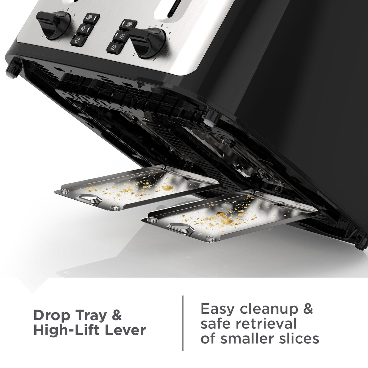 BLACK+DECKER Black/Silver 4‑Slice Toaster with Extra‑Wide Slots, 7 Adjustable Shade Settings, High‑Lift Lever & Drop‑Down Crumb Tray