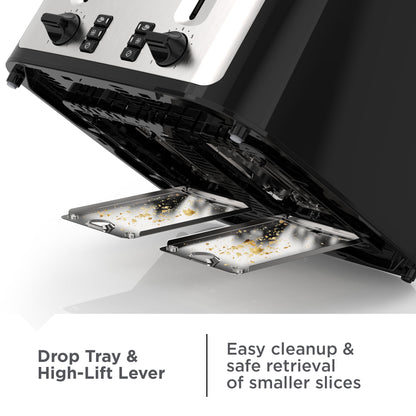 BLACK+DECKER Black/Silver 4‑Slice Toaster with Extra‑Wide Slots, 7 Adjustable Shade Settings, High‑Lift Lever & Drop‑Down Crumb Tray