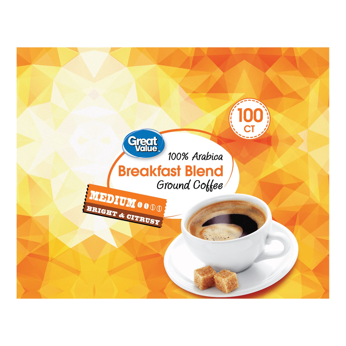 Great Value 100% Arabica Breakfast Blend Medium Roast Ground Coffee Pods, 33.1 oz, 100 Count