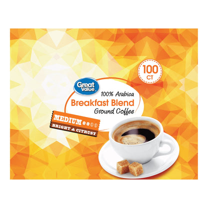 Great Value 100% Arabica Breakfast Blend Medium Roast Ground Coffee Pods, 33.1 oz, 100 Count