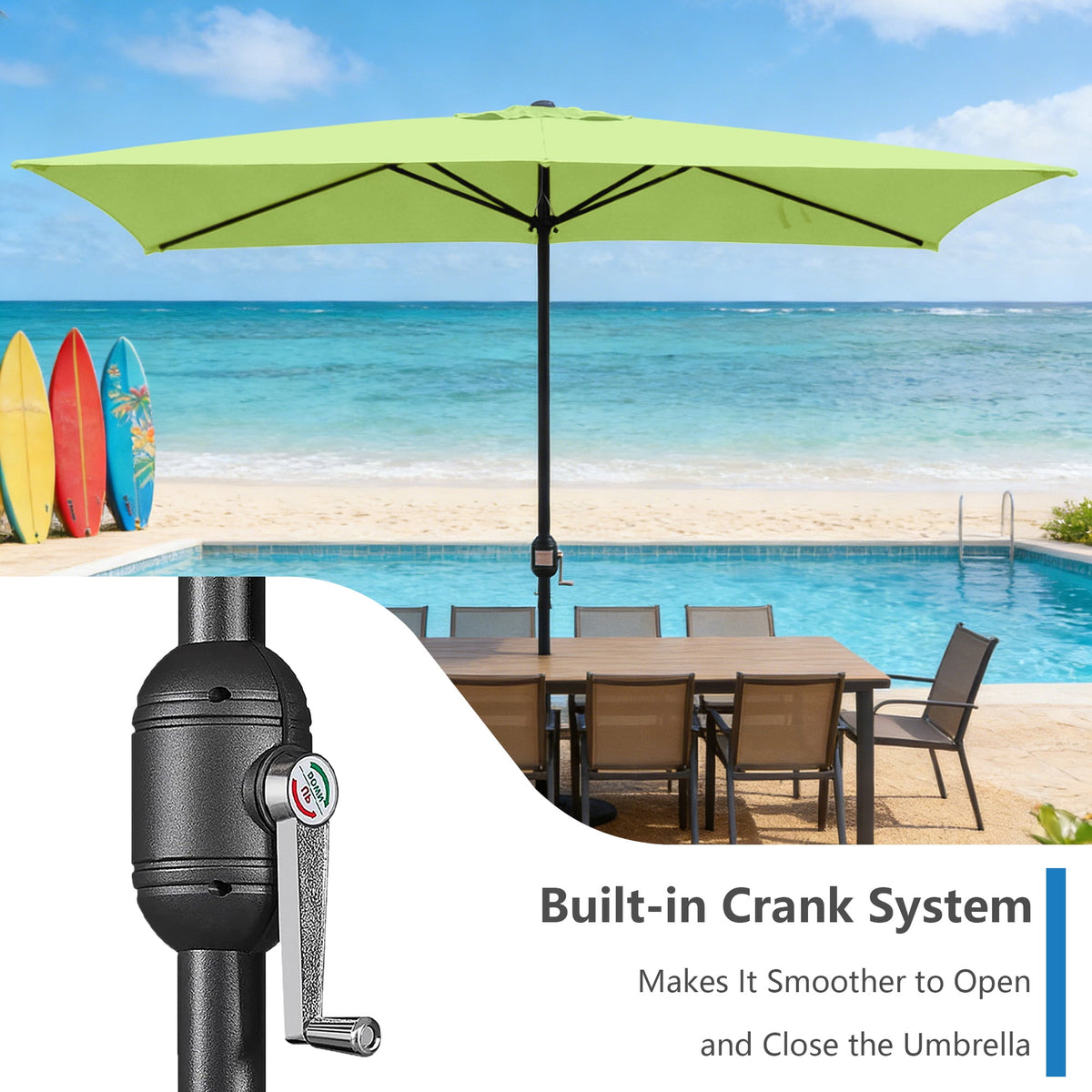 Abble 10x6.5ft Rectangular Patio Umbrella with Crank Handle, Outdoor Market Umbrella with 6 Sturdy Umbrella Ribs, Waterproof, Green