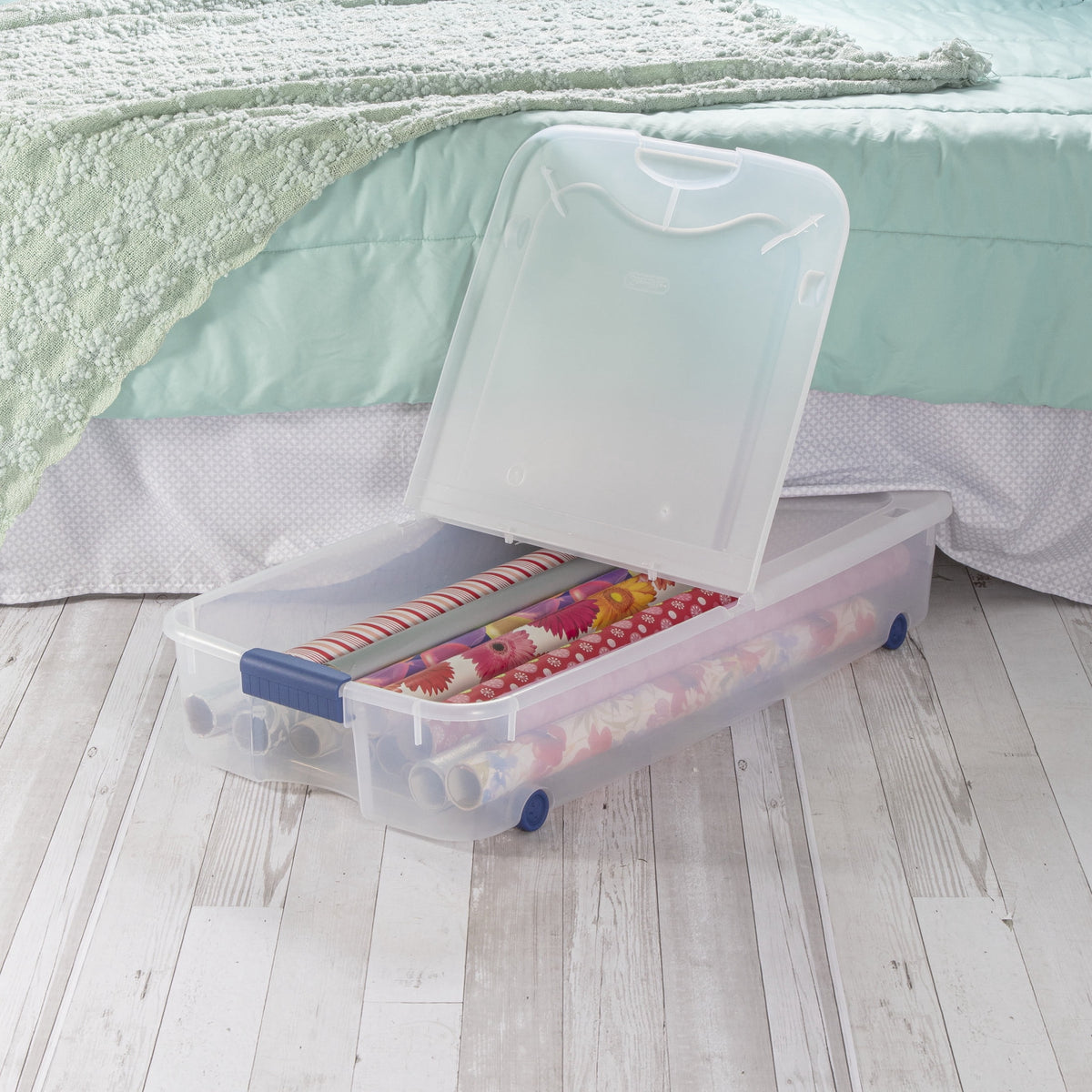 (2 pack) Sterilite 66 Quart Latching Underbed Wheeled Storage Bin, Clear Plastic Storage Container with Latch Lid, Blue