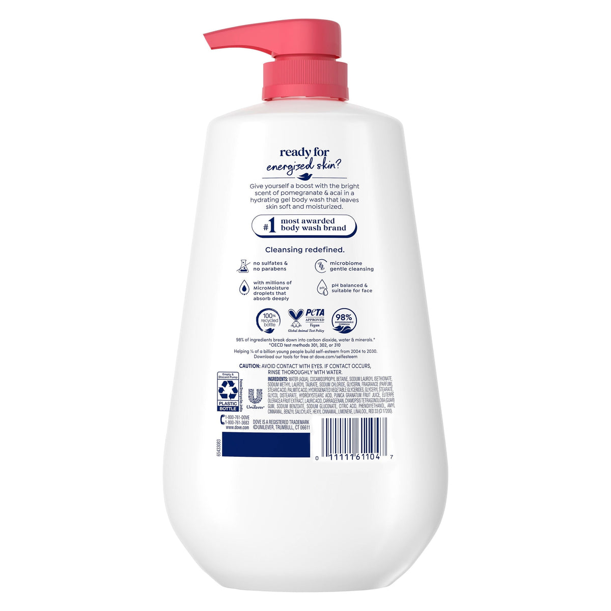 (3 pack) Dove Body Wash with Pump for 24hr Lotion-Soft Skin Rejuvenating Pomegranate & Hibiscus Moisturizing Skin Cleanser with No Sulfates No Parabens, 30.6 fl oz
