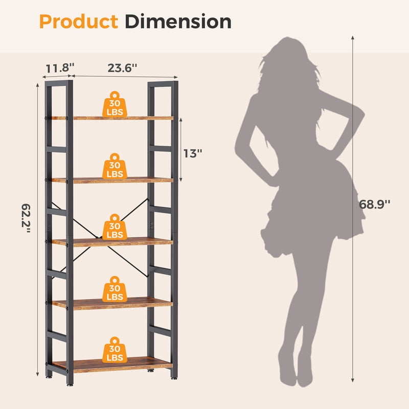 Gianna 5 Tier Bookshelf, Free Standing Shelf, Bookcase Shelf Storage Organizer, Industrial Book Shelves for Home Office, Living Room, Kitchen, Rust Brown