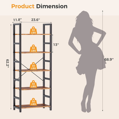 Gianna 5 Tier Bookshelf, Free Standing Shelf, Bookcase Shelf Storage Organizer, Industrial Book Shelves for Home Office, Living Room, Kitchen, Rust Brown