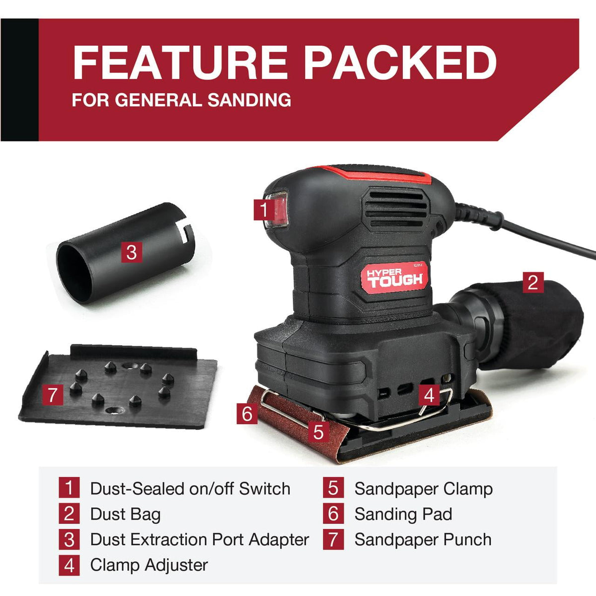 Hyper Tough 2 Amp Corded 1/4-Sheet Palm Sander with Dust Bag, Vacuum Hose Adapter, Punch Plate & 3 Sanding Sheets