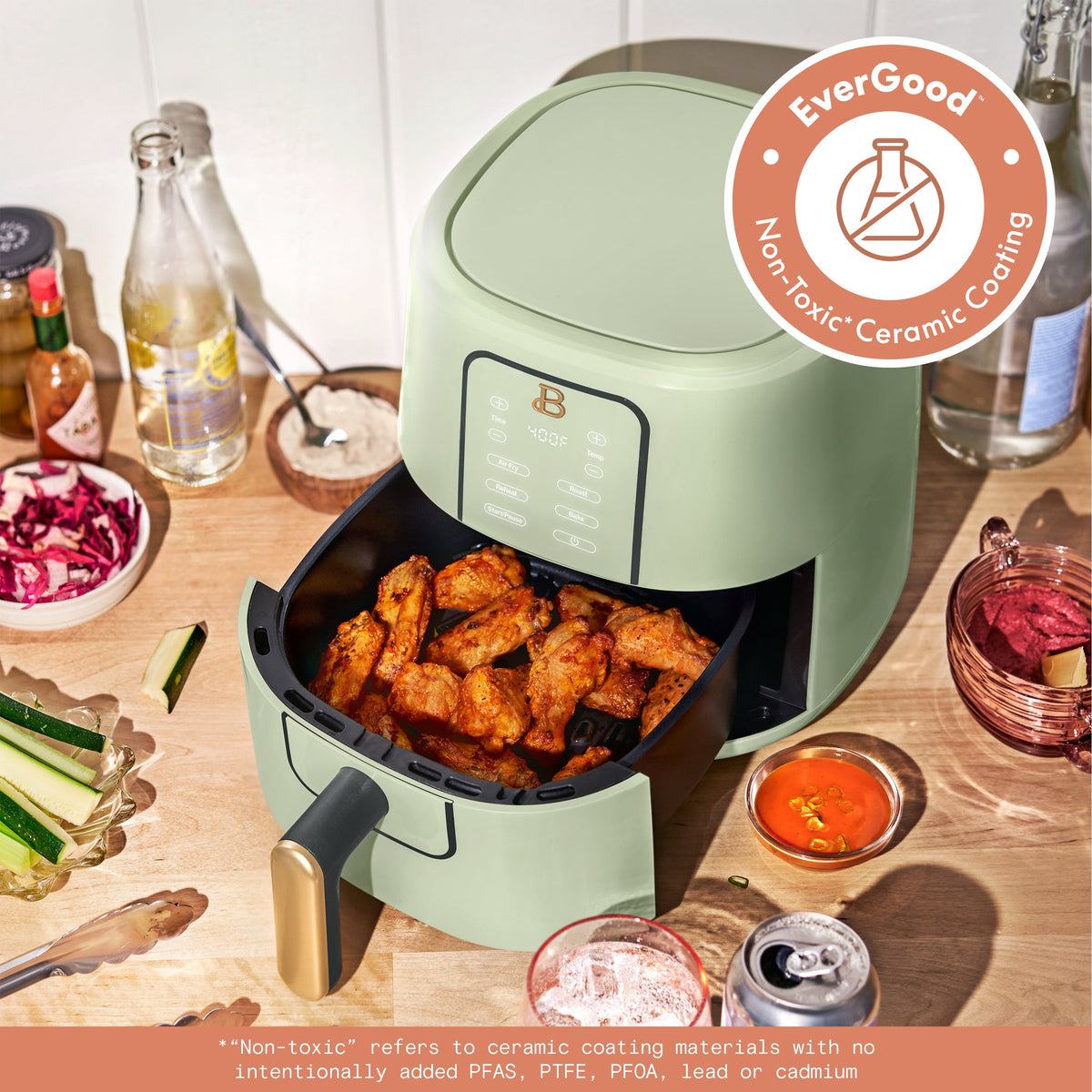 Beautiful 3 Qt Air Fryer with TurboCrisp Technology, EverGood Ceramic Nonstick Coating, Sage Green by Drew Barrymore
