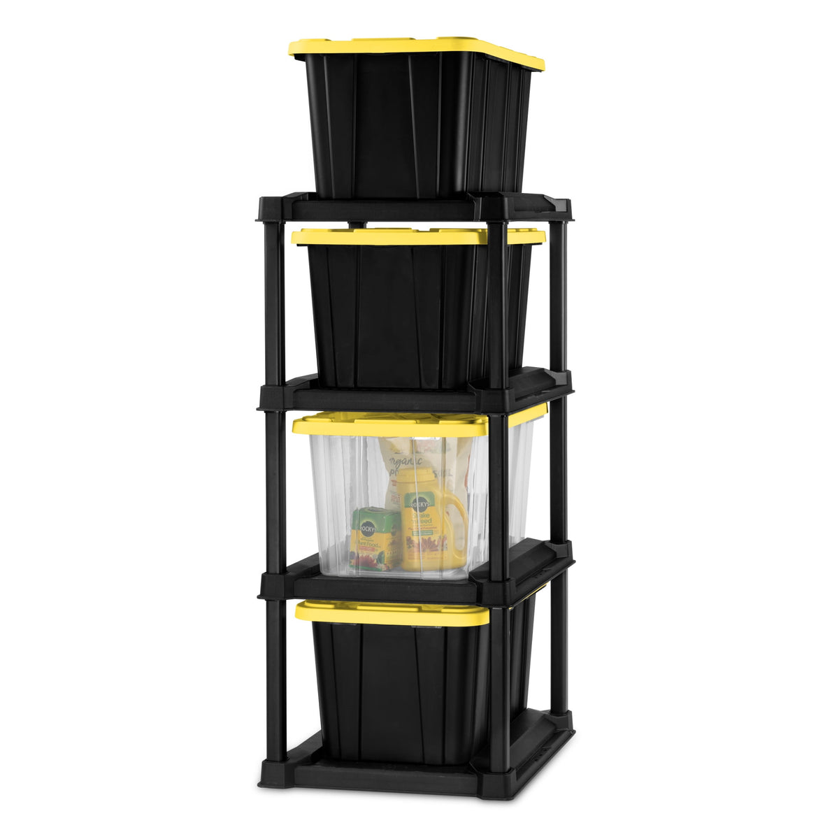 4 Tier Tote Rack, Holds Four 27 Gallon Industrial Storage Totes, Heavy Duty Plastic Garage Storage Organizer, Vertical Easy-Access No-Stacking Design, Black