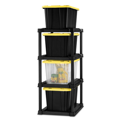 4 Tier Tote Rack, Holds Four 27 Gallon Industrial Storage Totes, Heavy Duty Plastic Garage Storage Organizer, Vertical Easy-Access No-Stacking Design, Black