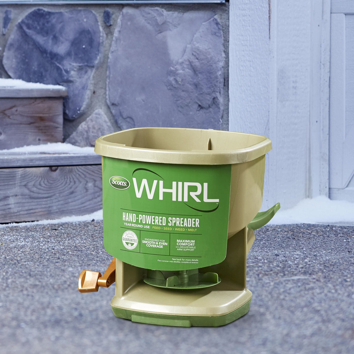 Scotts Whirl Hand-Powered Spreader for Grass Seed, Fertilizer, Salt and Ice Melt