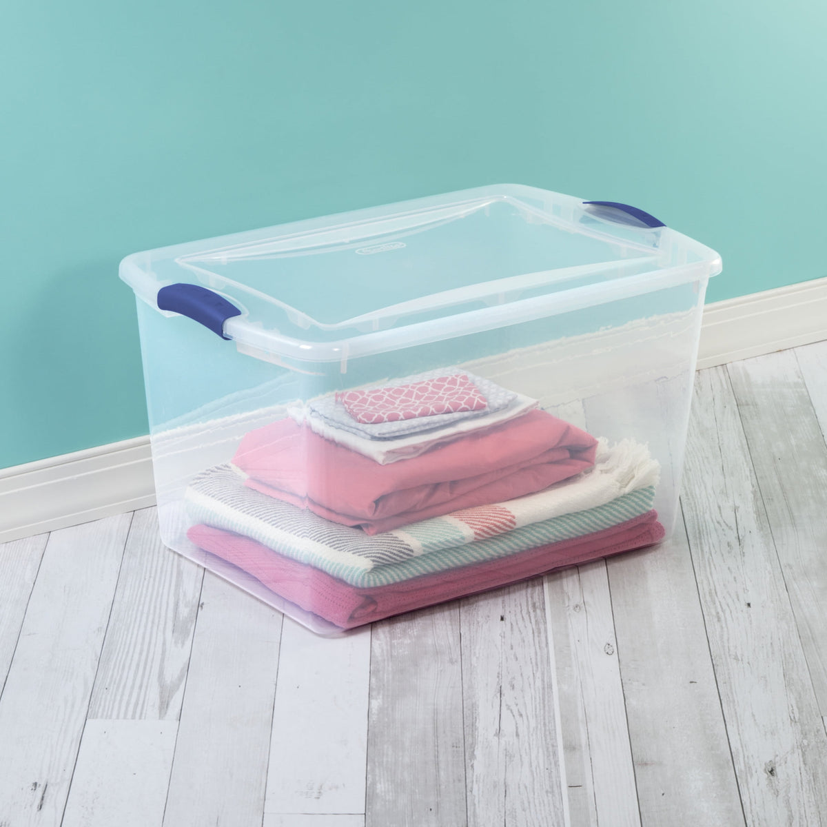 Sterilite Large Latching Storage Bin, 66 Quart Clear Plastic Storage Container with Clear Lid, Blue Latch, 6 Pack