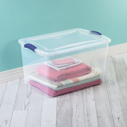 Sterilite Large Latching Storage Bin, 66 Quart Clear Plastic Storage Container with Clear Lid, Blue Latch, 6 Pack