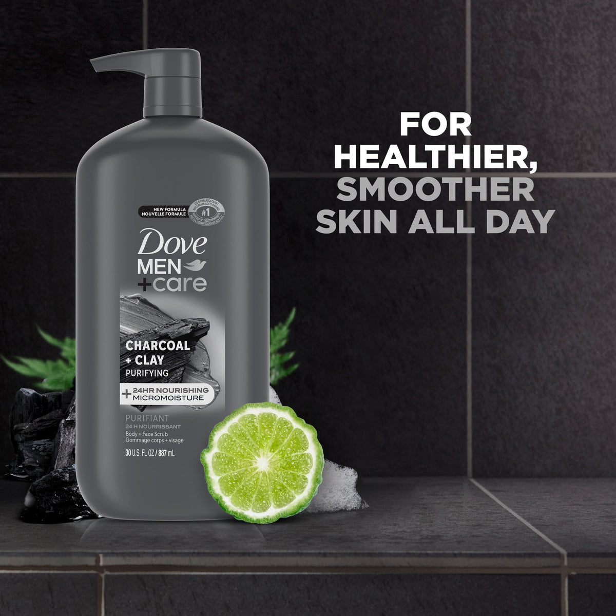 (4 pack) Dove Men+Care Body And Face Scrub Body Wash For Men Charcoal + Clay With 24-Hour Nourishing Micromoisture Technology, 30 fl oz