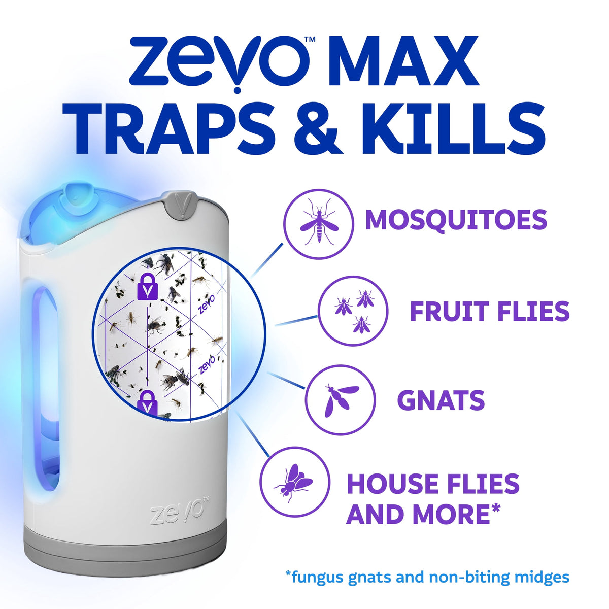 Zevo Max Flying Insect Indoor Fly Trap: Easy, Mess-Free Solution - Light Trap Catches & Kills House Flies, Fruit Flies, Gnats, & More (1 Plug in Device & 2 Cartridges)