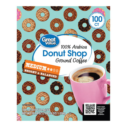 Great Value Donut Shop 100% Arabica Medium Roast Ground Coffee Pods, 38.4 oz, 100 Count