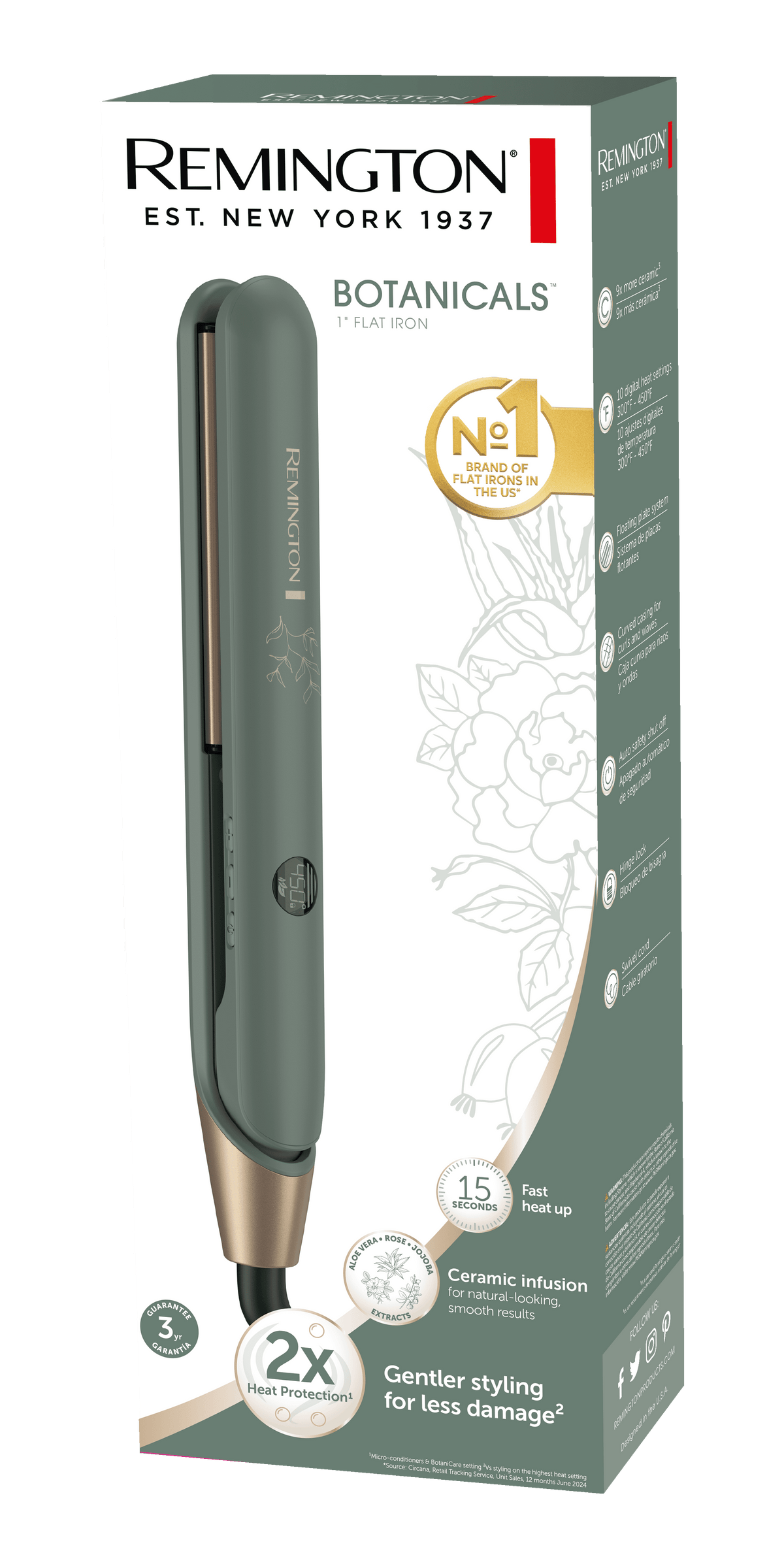 Remington Botanicals™ 1" Flat Iron, Ceramic, Micro-Conditioners, BotaniCare Setting, Green