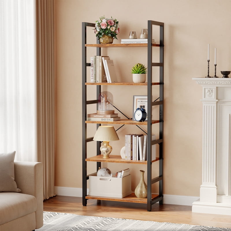 Gianna 5 Tier Bookshelf, Free Standing Shelf, Bookcase Shelf Storage Organizer, Industrial Book Shelves for Home Office, Living Room, Kitchen, Rust Brown