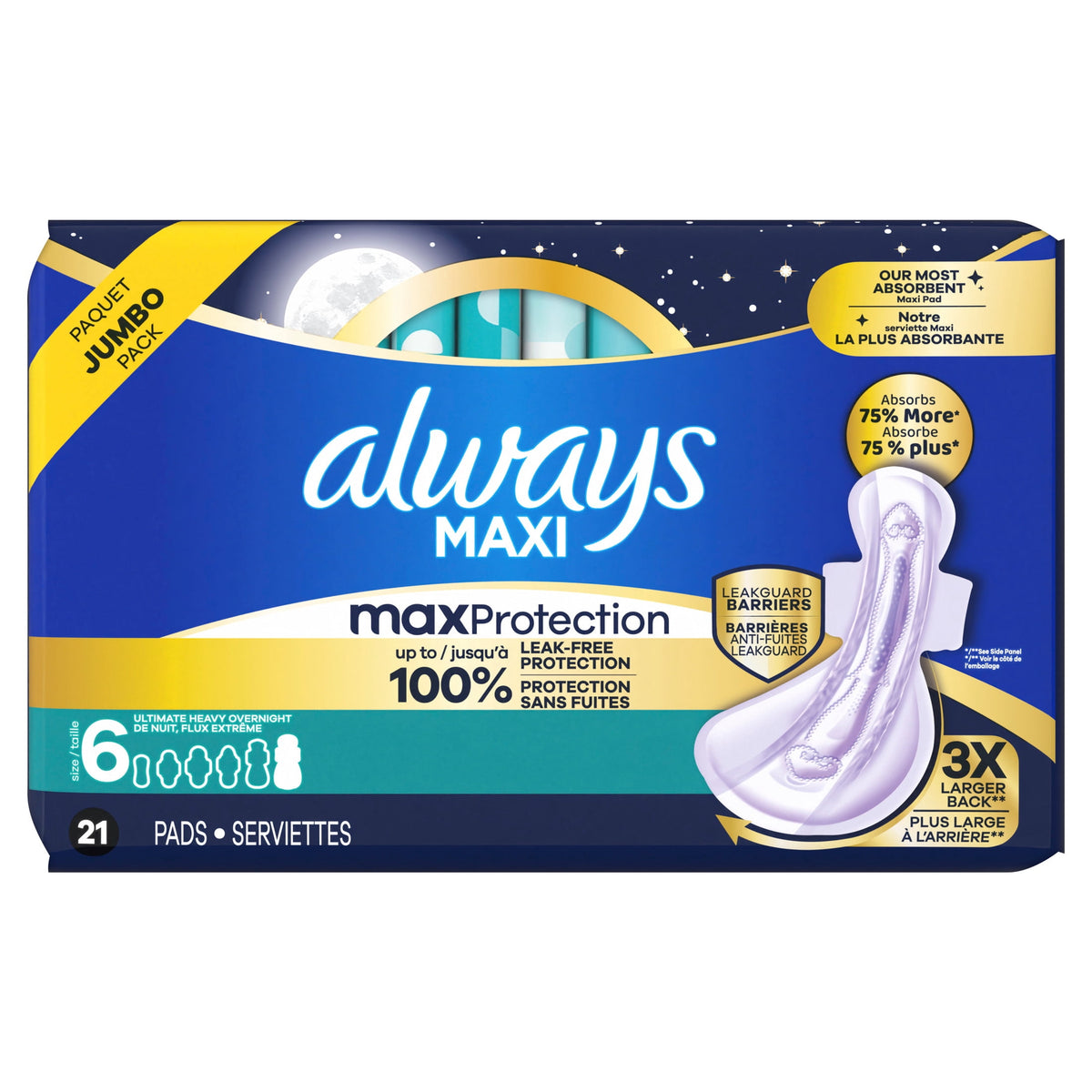 (4 pack) Always Maxi Overnight Pads with Wings, Size 6, 21