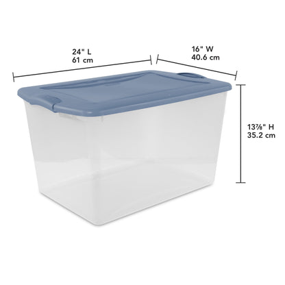 Sterilite Large Latching Storage Bin, 66 Quart Clear Plastic Storage Container with Latch Lid, Blue, 6 Pack