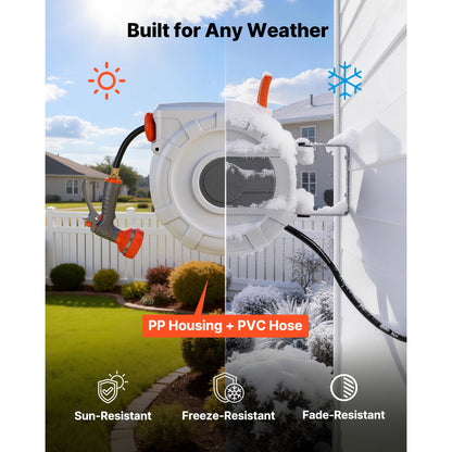 KFFKFF Retractable Garden Hose Reel, 1/2 in x 50 ft, Wall-Mounted with 9-Pattern Spray Nozzle, 180° Swivel Bracket, Adjustable Length Lock, Automatic Slow Rewind for Watering Tasks