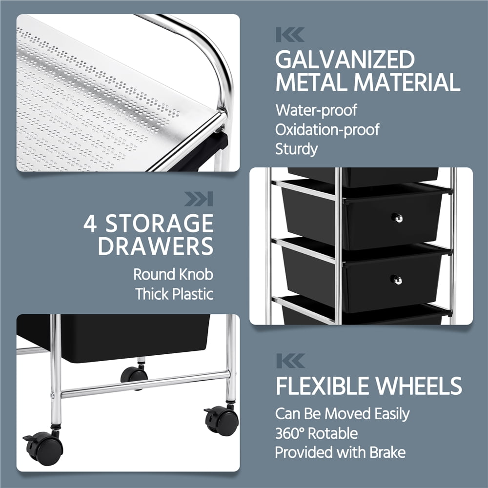 Renwick Rolling Trolley Storage Cart Bin with 4 Plastic Drawers on Wheels, Black