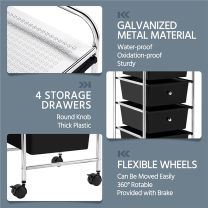Renwick Rolling Trolley Storage Cart Bin with 4 Plastic Drawers on Wheels, Black