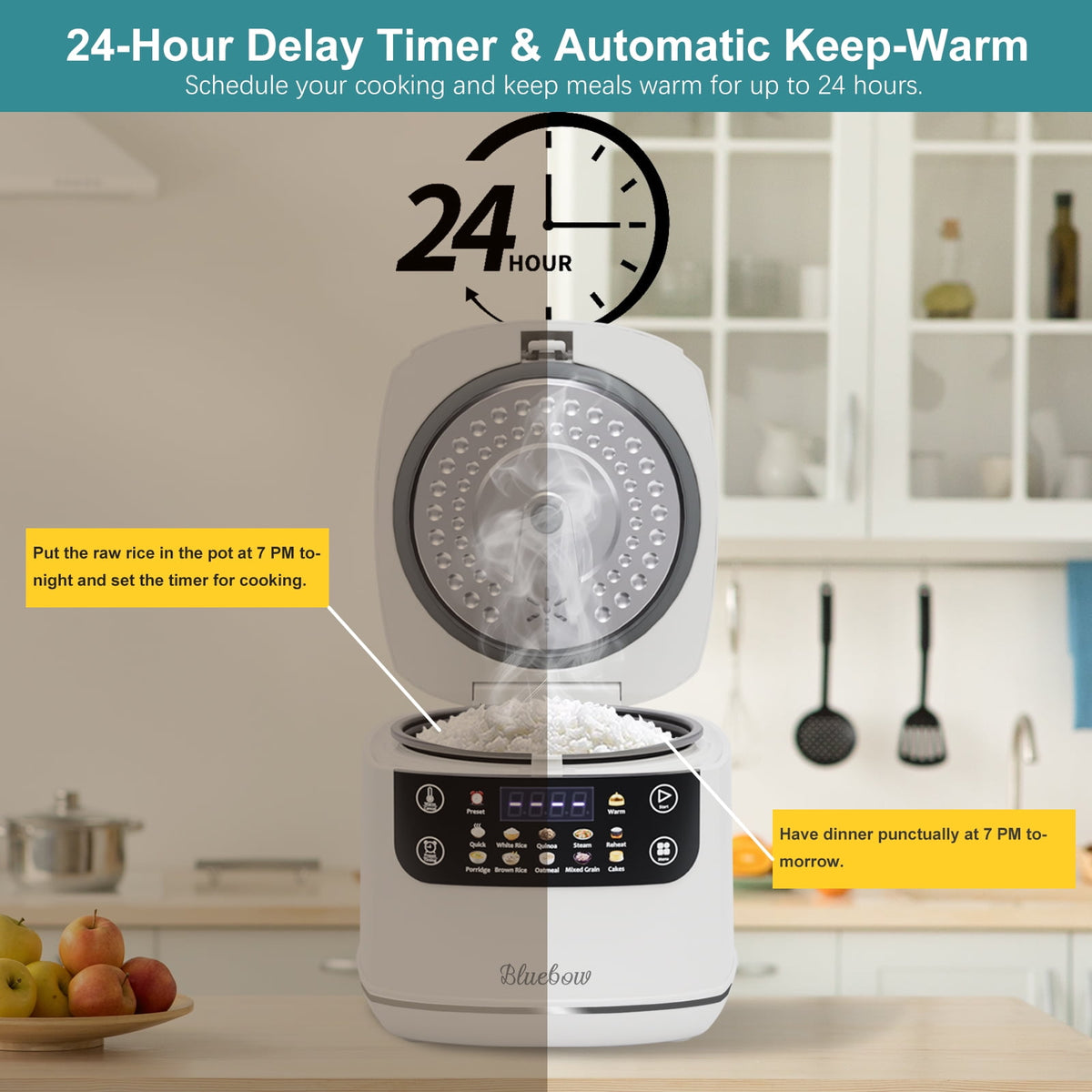 Bluebow Digital Rice Cooker, 6-Cup/2.1QT Small Rice Maker, 10 Presets, 24-Hour Delay Timer & Keep Warm, Non-Stick Inner Pot, White