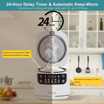Bluebow Digital Rice Cooker, 6-Cup/2.1QT Small Rice Maker, 10 Presets, 24-Hour Delay Timer & Keep Warm, Non-Stick Inner Pot, White