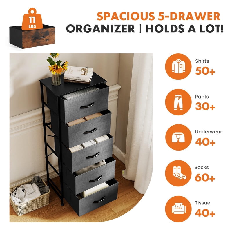 Kelno 5 Drawer Fabric Dresser Steel Frame Storage Chest Organizer with Wood Top, Gray