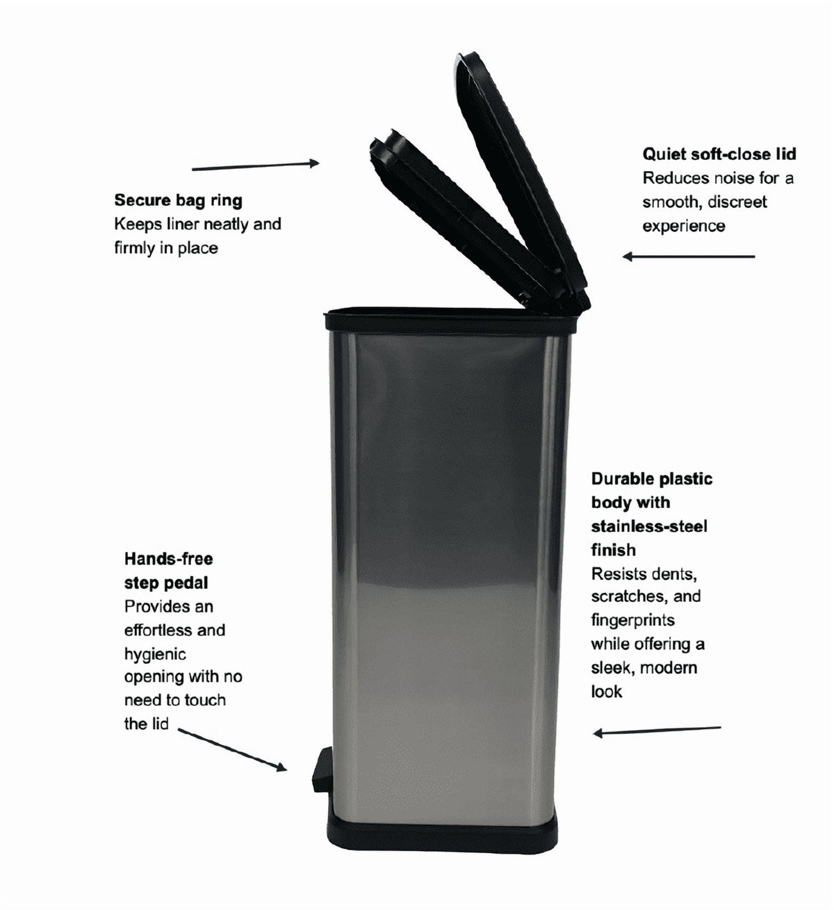 Mainstays 13.2 Gallon Plastic Step Trash Can with Lid, Silver