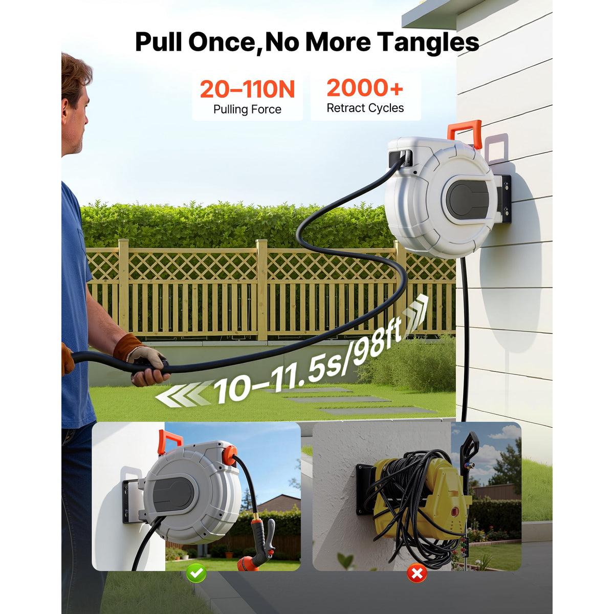 KFFKFF Retractable Garden Hose Reel, 1/2 in x 50 ft, Wall-Mounted with 9-Pattern Spray Nozzle, 180° Swivel Bracket, Adjustable Length Lock, Automatic Slow Rewind for Watering Tasks