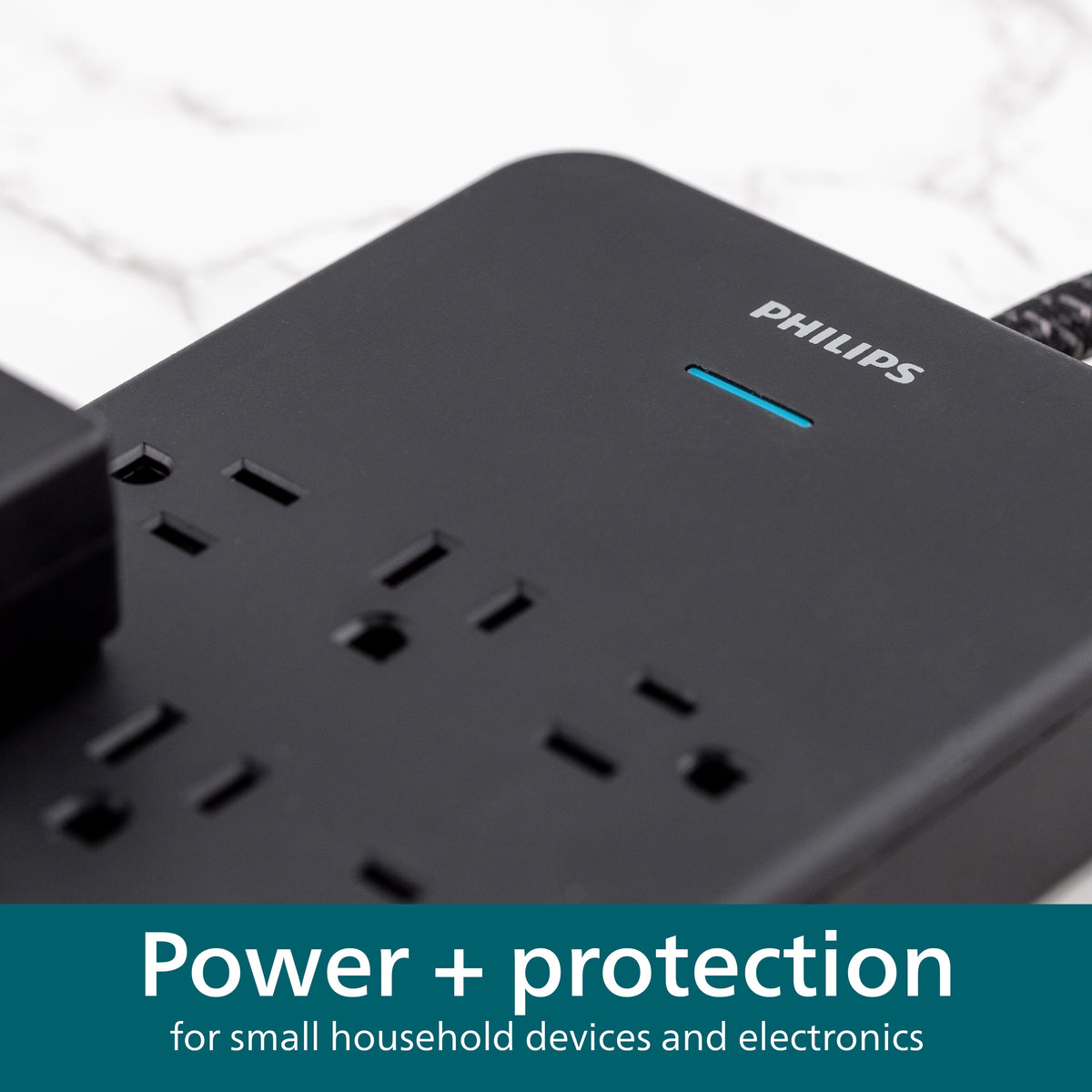 Philips Surge Protector Power Strip, 12 Outlet (Wide Spaced), 3500 Joules, Braided Cord, 6ft, Black