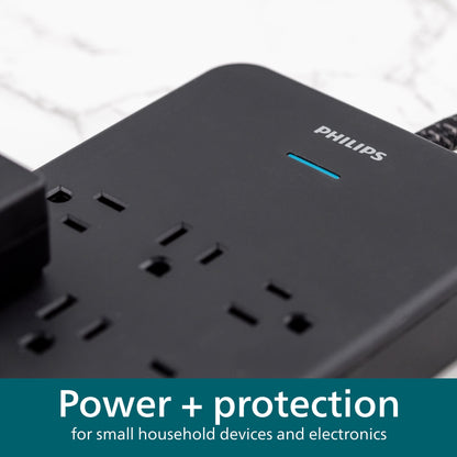 Philips Surge Protector Power Strip, 12 Outlet (Wide Spaced), 3500 Joules, Braided Cord, 6ft, Black
