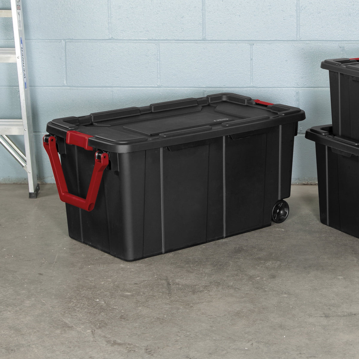 Sterilite Extra-Large Wheeled Industrial Storage Bin, 40 Gallon Durable Plastic Storage Tote with Latching Lid and Pull Handle, Black, 2 Pack