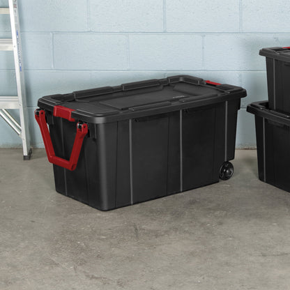 Sterilite Extra-Large Wheeled Industrial Storage Bin, 40 Gallon Durable Plastic Storage Tote with Latching Lid and Pull Handle, Black, 2 Pack