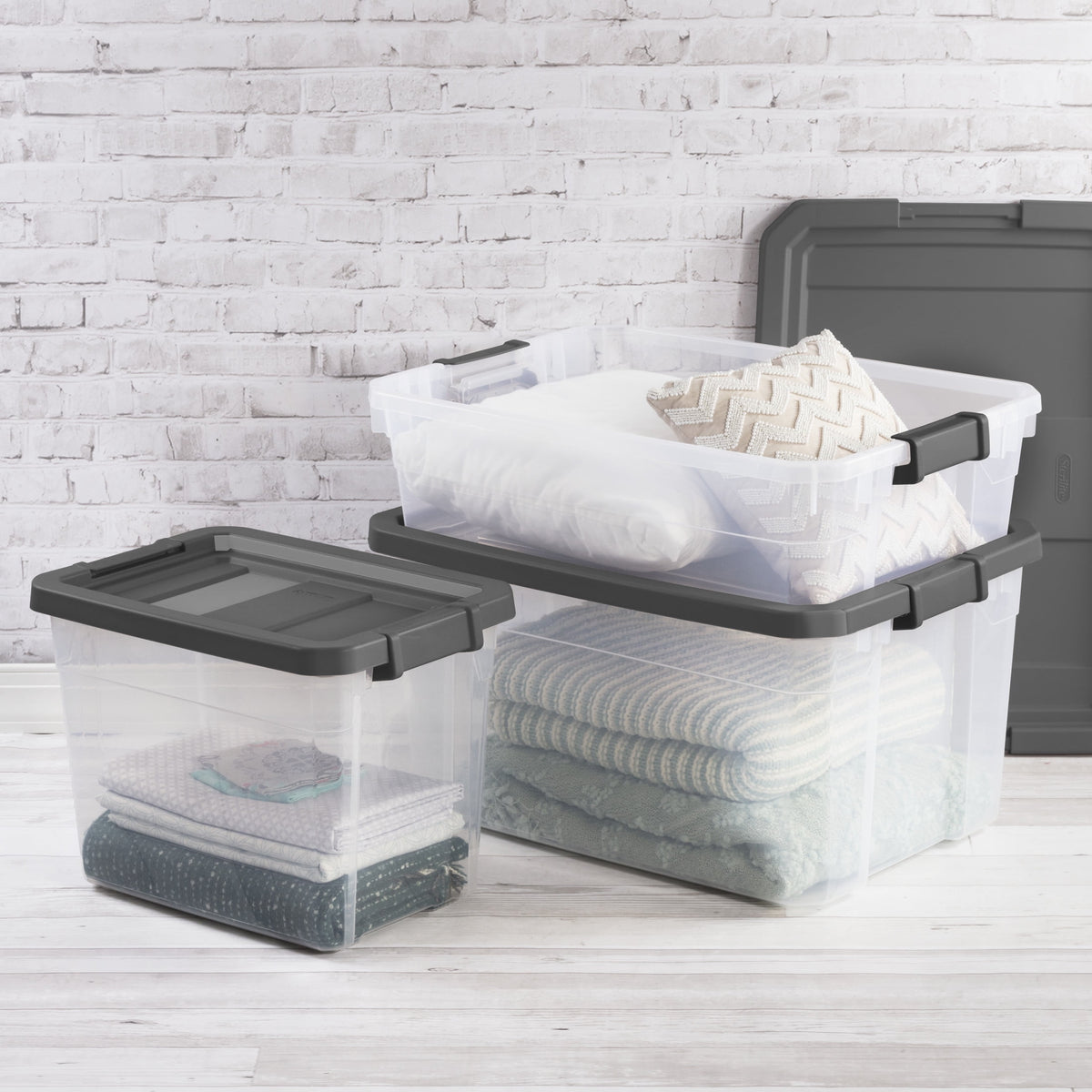 (2 pack) Sterilite 40 Quart Medium Stackable Storage Bin, Clear Plastic Underbed Storage Container with Latch Lid, Dark Gray