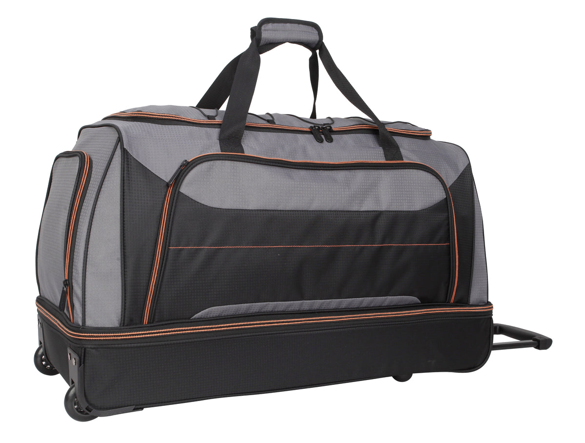 Protege 30 in Rolling Drop-Bottom Carry On Duffel Bag for Travel, Black and Gray