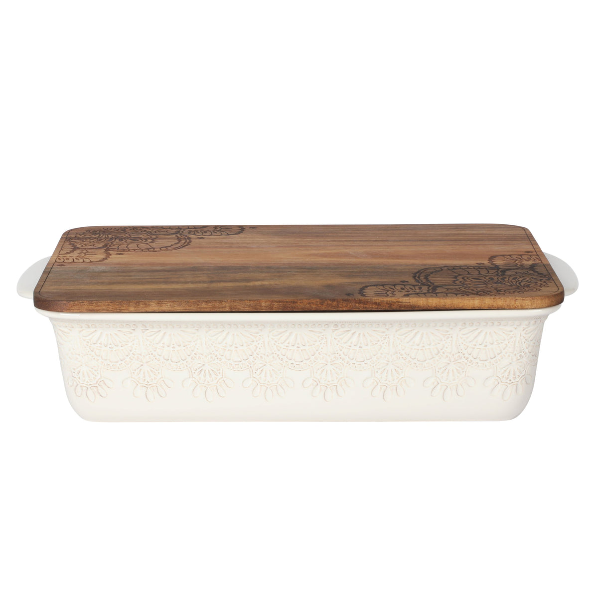 The Pioneer Woman Vintage Lace 13" x 9" 6 qt Linen Ceramic Casserole Baking Dish, with Wood Lid