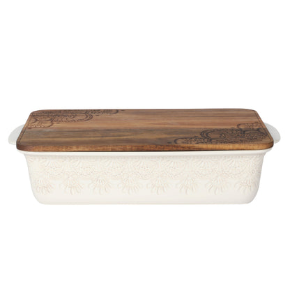 The Pioneer Woman Vintage Lace 13" x 9" 6 qt Linen Ceramic Casserole Baking Dish, with Wood Lid