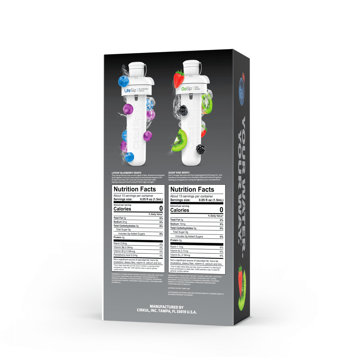 Cirkul 32oz Matte Black Stainless Steel Starter Kit with Matte Black Cirkul Lid 2.0 and 2 Flavor Cartridges (Blueberry Grape & Kiwi Berry)