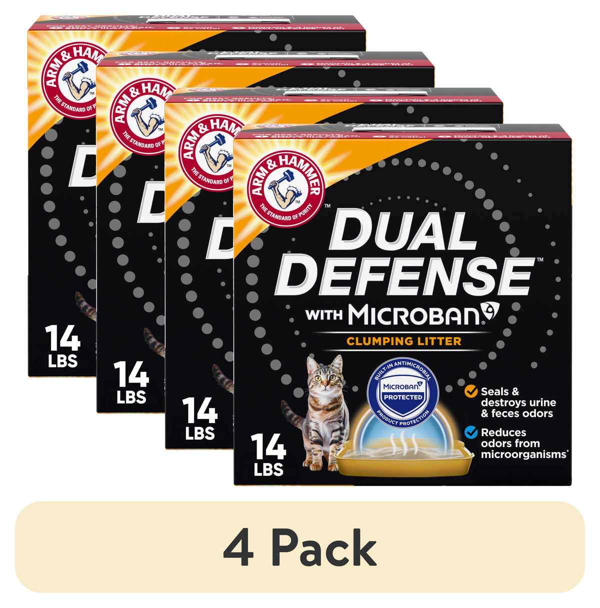 (4 pack) ARM & HAMMER Dual Defense with Microban Clumping Cat Litter for Multi-Cat Households, 14 lbs