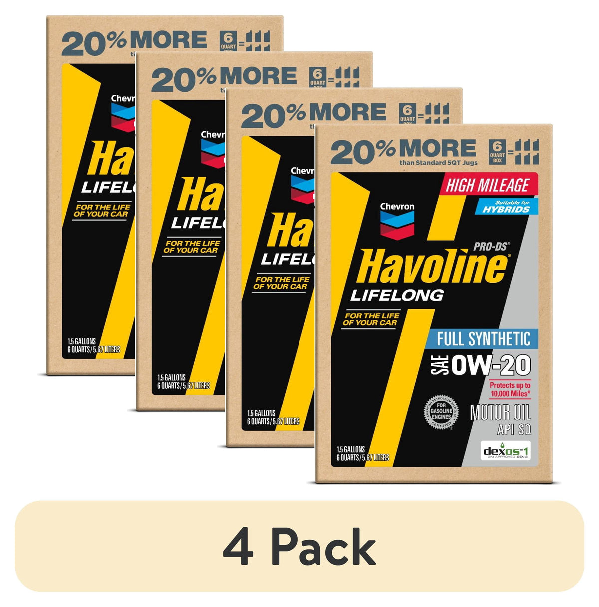 Chevron Havoline Lifelong 0W-20 Full Synthetic Motor Oil, 6 Quarts (Smart Change Box)