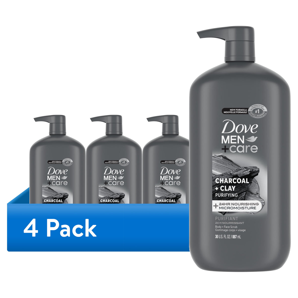 (4 pack) Dove Men+Care Body And Face Scrub Body Wash For Men Charcoal + Clay With 24-Hour Nourishing Micromoisture Technology, 30 fl oz