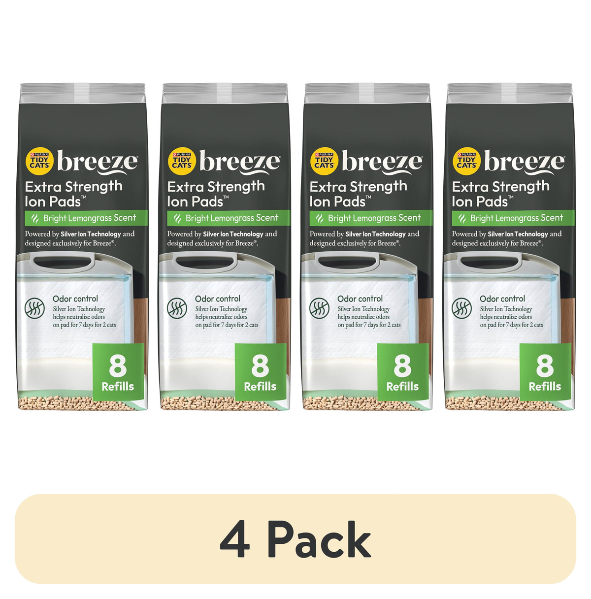 (4 pack) Purina Tidy Cats Breeze Multi-Cat Extra Strength Ion Cat Litter Box Pads, Bright lemongrass Scented Cat Litter Pads Refill Pack