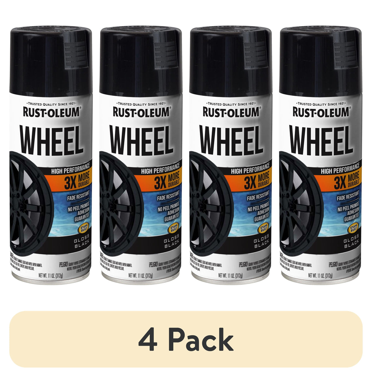 (4 pack) Rust-Oleum Automotive Wheel 3X Gloss Spray Paint, Black, 11 oz