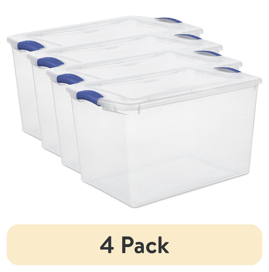 (4 pack) Sterilite 66 Quart Large Latching Storage Bin, Clear Plastic Storage Container with Latch Lid, Blue