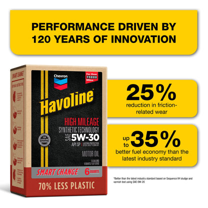Chevron Havoline High Mileage Synthetic Technology Motor Oil 5W-30, 6 Quart Smart Change Box Case (2-Pack)