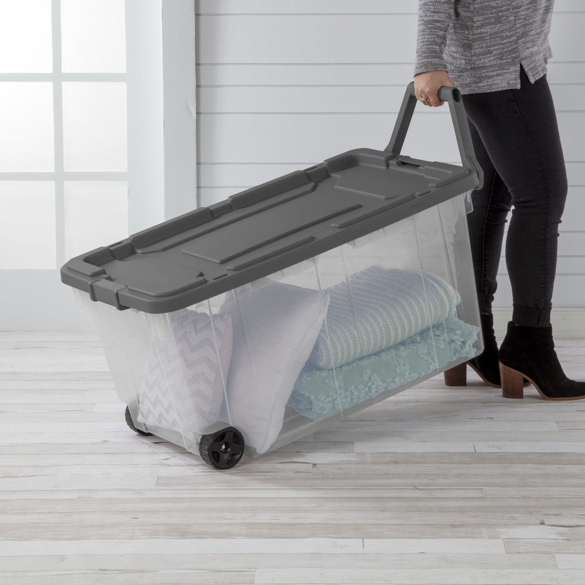 Sterilite Extra-Large Rugged Wheeled Storage Bin, 160 Quart Durable Clear Storage Container with Latching Lid and Pull Handle, Dark Gray, 2 Pack